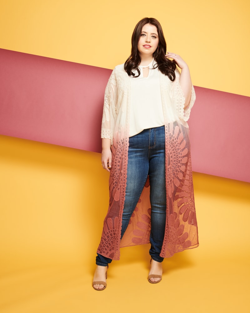 Plus size model with pear body shape wearing Ombre Sheer Kimono  by Meri Skye | Dia&Co | dia_product_style_image_id:118267